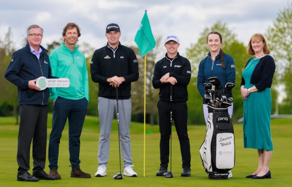 Mark Kennelly (Golf Ireland CEO), Neil Manchip (Golf Ireland HP Director), Mark Power, Conor Purcell, Lauren Walsh and Úna May (Sport Ireland CEO), were at the Golf Ireland Academy in Maynooth for the launch of the 2024 Golf Ireland Professional Scheme