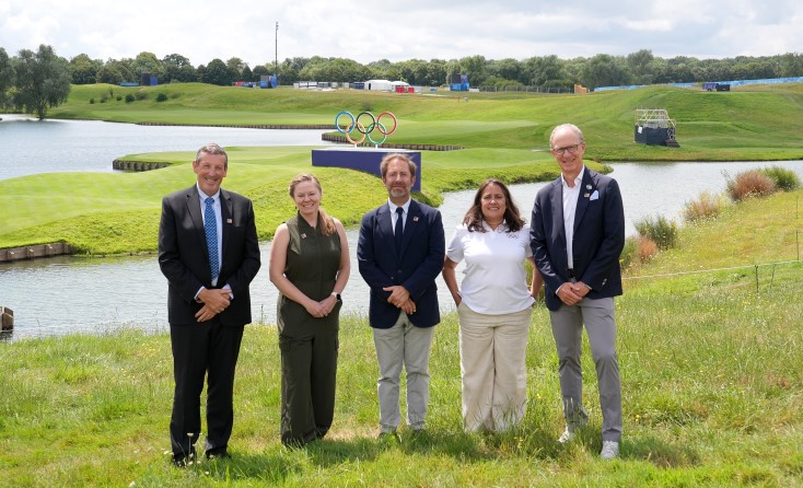 From left: Anthony Scanlon, Meredith McCurdy, Christophe Muniesa, Tana Braga and Etienne Marclay at Le Golf National in Paris, host venue of the 2024 Olympic Games golf events