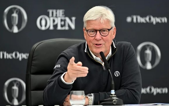 Martin Slumbers addresses the media during a press conference at the 152nd Open Championship at Roo=yal Troon (photo credit Luke Walker/The R&A via Getty Images)