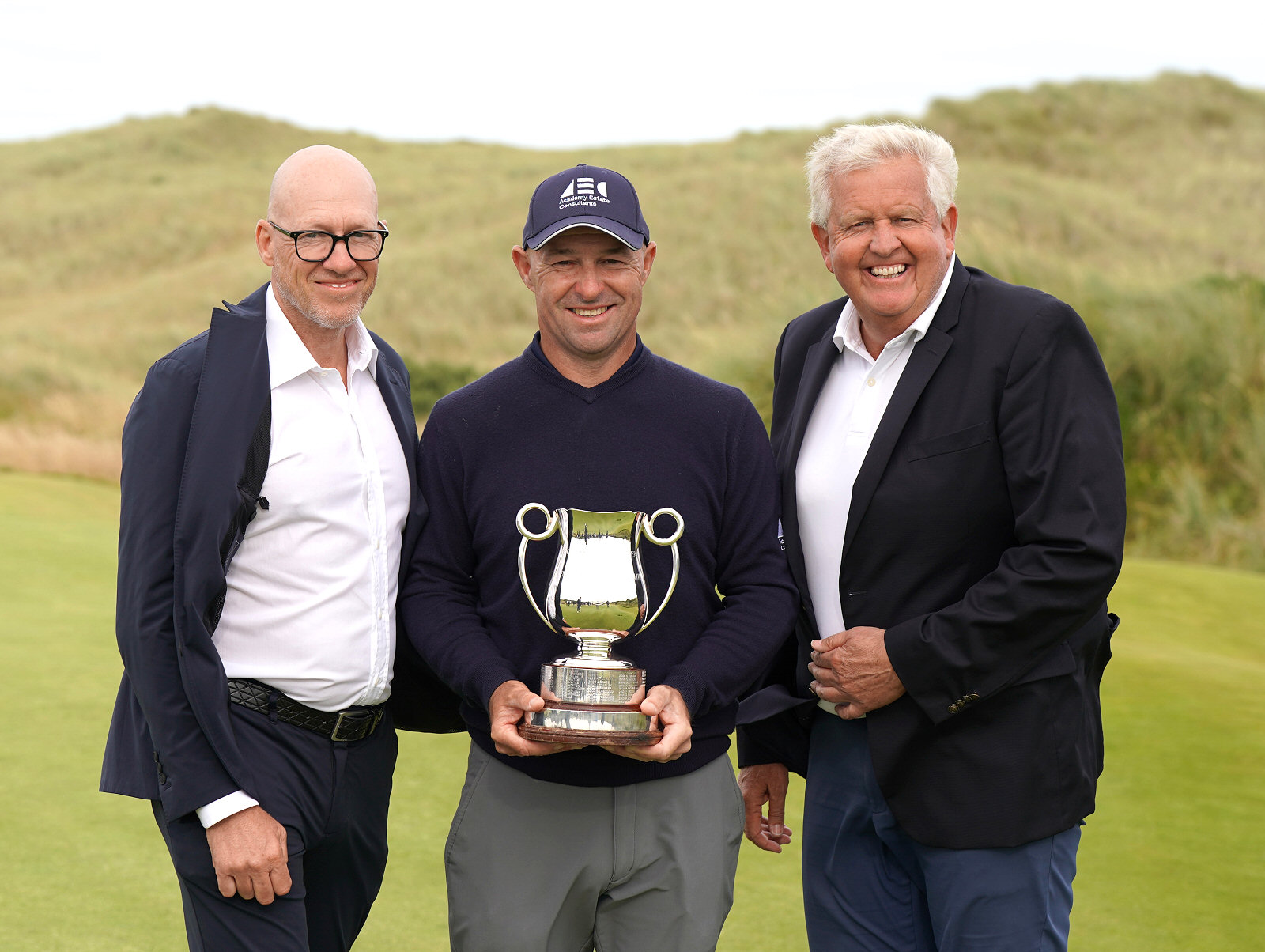 Rob Coles with Staysure founder Ryan Howsam and Colin Montgomerie. Photo credit Phil Inglis /Legends Tour