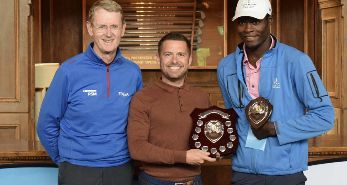 EDGA President Tony Bennett, with Ben Stimson, director of golf at London Golf Club, and competition winner Issa Nlareb
