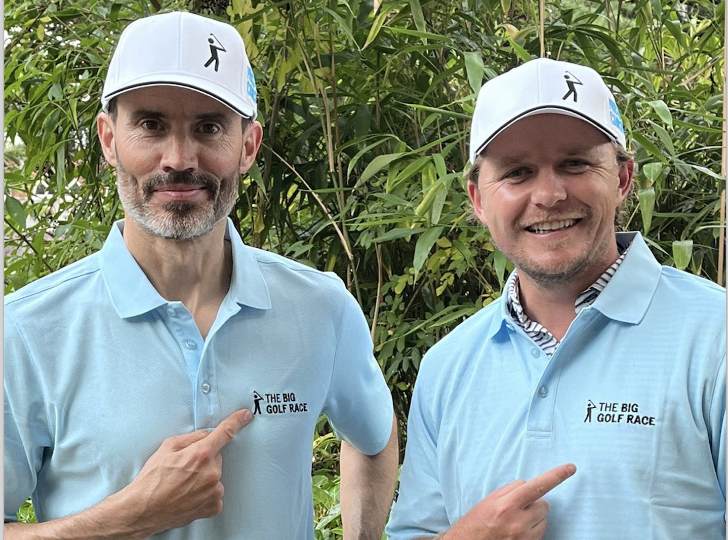 The Chipping Forecast co-presenters Andrew Cotter and Eddie Pepperell wearing their Big Golf Race apparel in support of Prostate Cancer UK