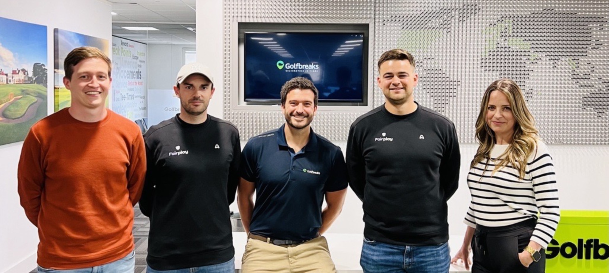 (l-r) Oliver Cross, Golfbreaks’ CRM & Partnerships Manager;
Lawrence Stocker, Fairplay Exchange;
Nik Hayes, Golfbreaks Head of Commercial;
Billy Going, founder Fairplay Exchange;
Justine Beach, Golfbreaks Chief Marketing Officer