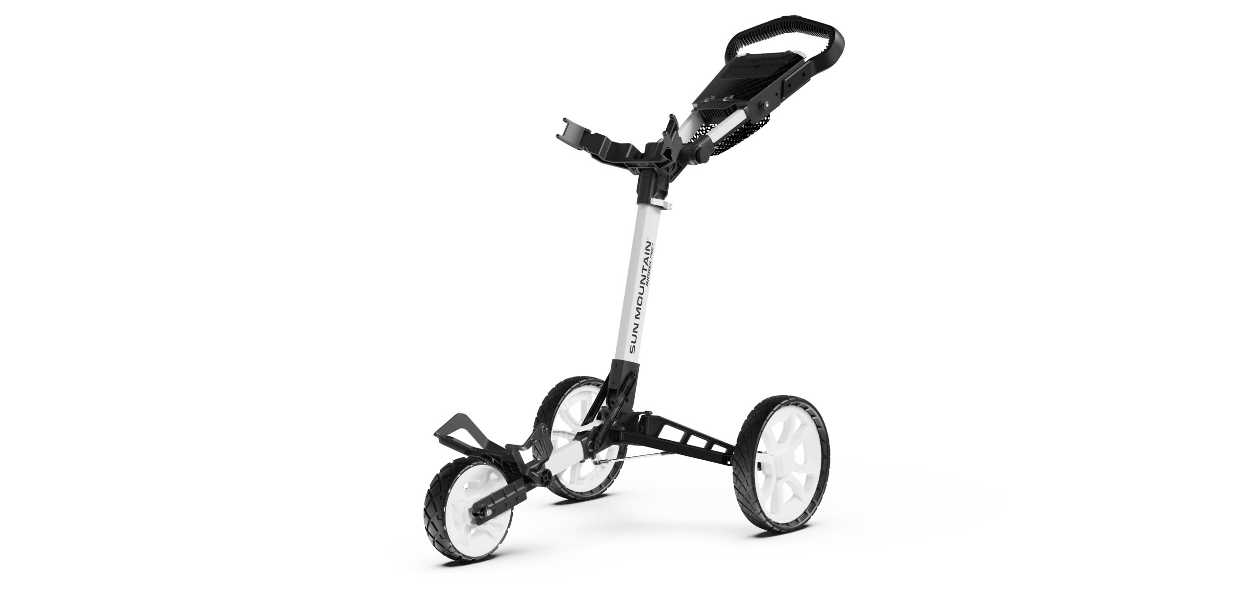 The upper bag bracket is designed to slide up and down to accommodate small, mid, and large-sized golf bags