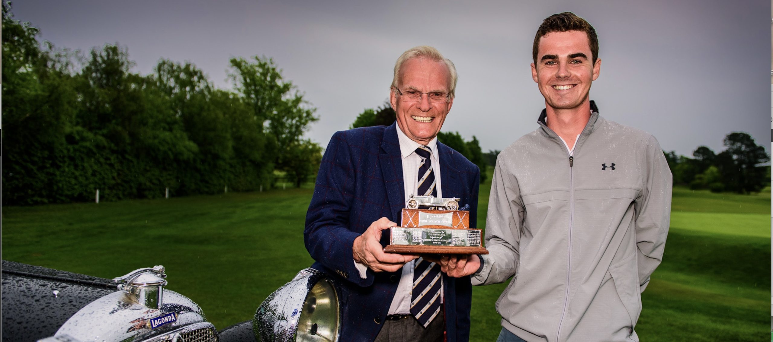 Clive Smith (left) presenting the Lagonda Trophy to David Hague in 2017