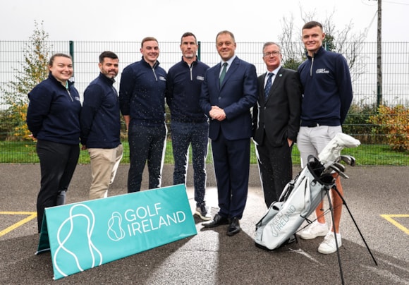 Teachers Aisling O’Sullivan and Aisling O’Sullivan with vice-Principal Ali Murphy, along with Minister Thomas Byrne and Golf Ireland CEO Mark Kennelly at Scoil Bhríde, in Kilbride, County Meath (Photo: Billy Stickland / Inpho)