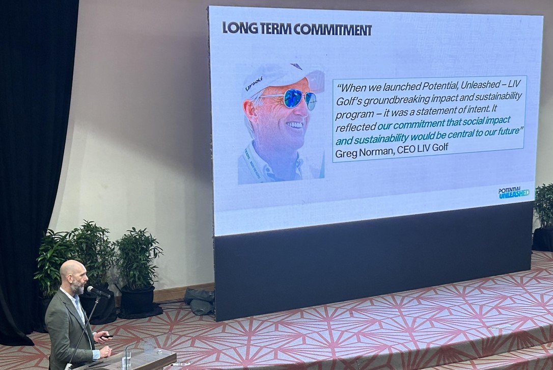 LIV Golf Senior Vice-President of Impact and Sustainability Jake Jones revealed the UNHCR tie-up during his presentation at the AGIF Conference.
