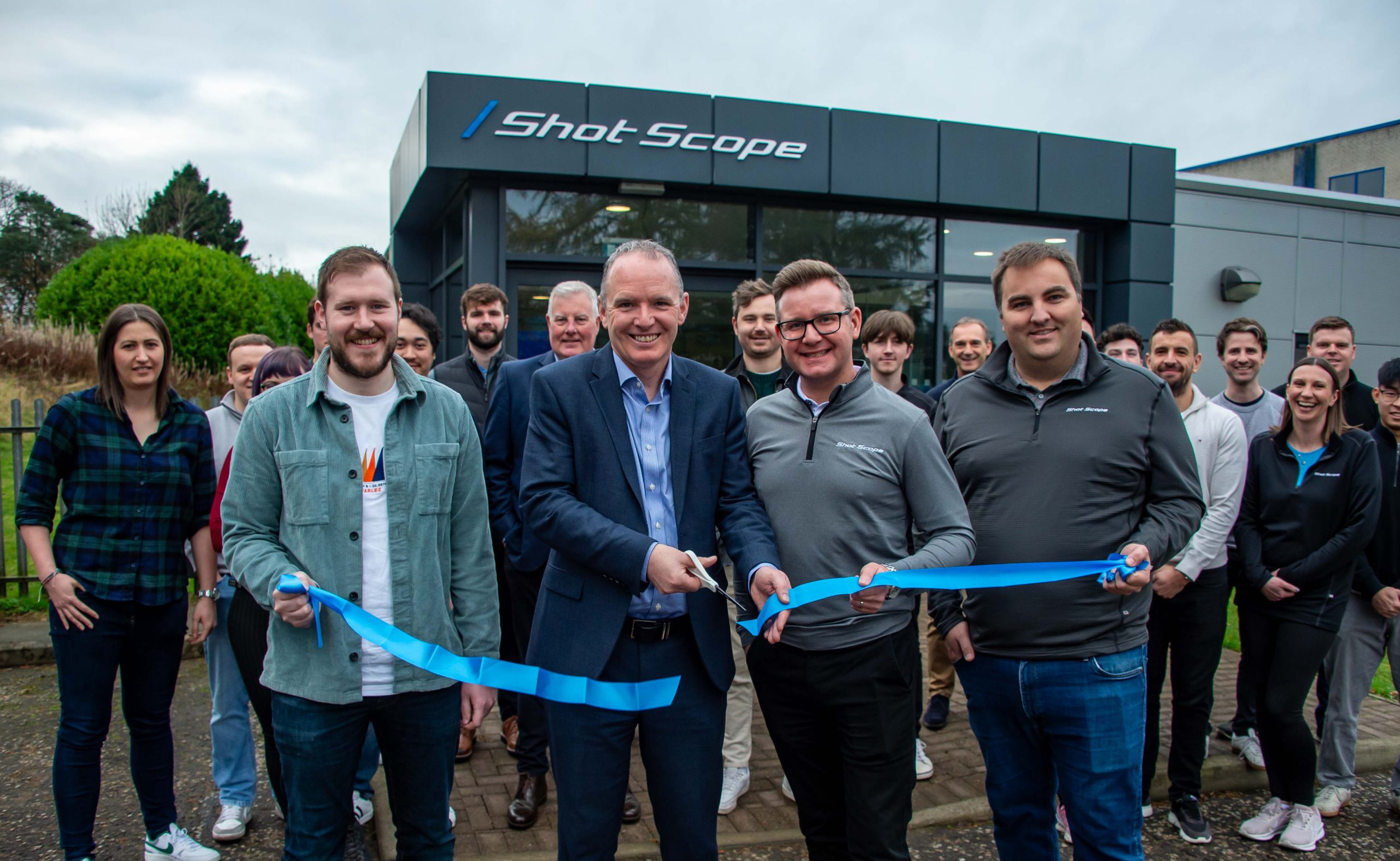 Adrian Gillespie, Scottish Enterprise Chief Executive officially opens the new offices with Shot Scope CEO David Hunter and Shot Scope staff