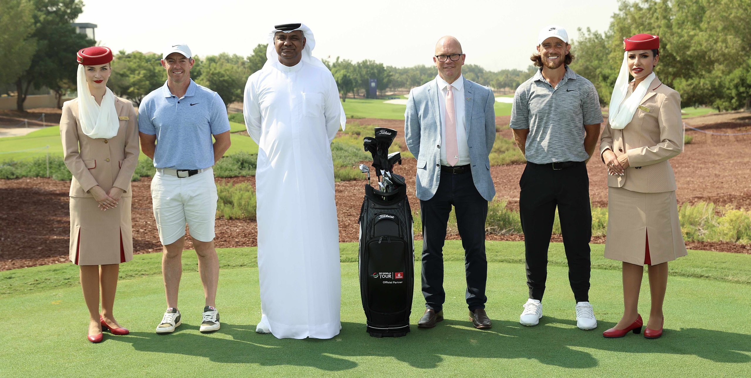 Emirates cabin crew with Rory McIlroy, Nabil Sultan (Divisional Senior Vice President, Emirates), Guy Kinnings (CEO, DP World Tour) and Tommy Fleetwood (Photo by Luke Walker/Getty Images)