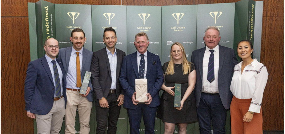 Dual Golf Course Award winners Worplesdon Golf Club's representatives alongside judges Nick Doughty and Inci Mehmet