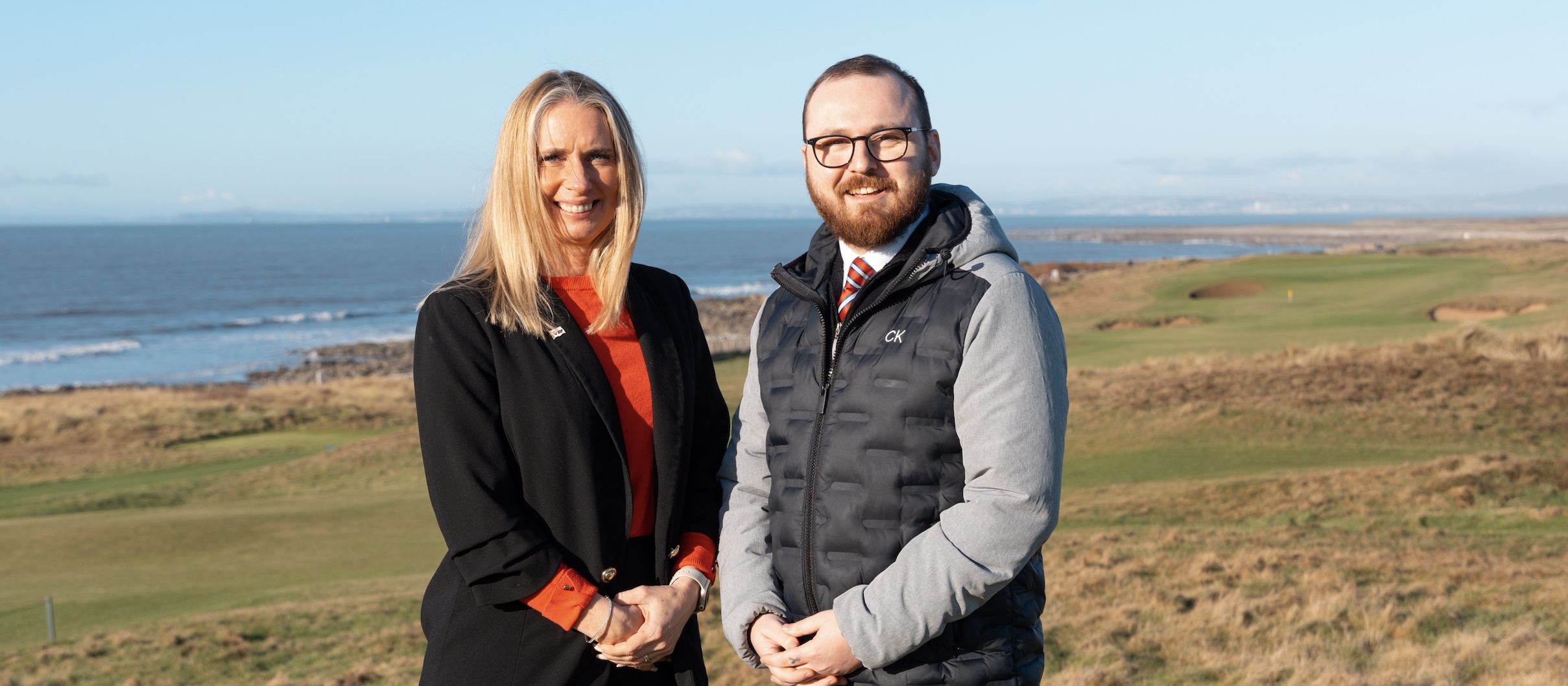 Wales Golf CEO Hannah McAllister and Welsh Government Minister for Culture, Skills and Social Partnership Jack Sargeant at Royal Porthcawl, venue for this year's AIG Women's Open