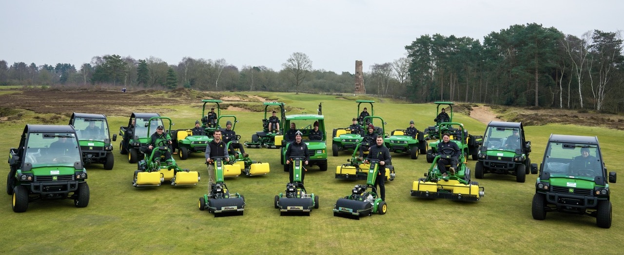 Woodhall Spa GC's greenkeeping team with the new fleet of John Deere machinery on the third hole of the Hotchkin course