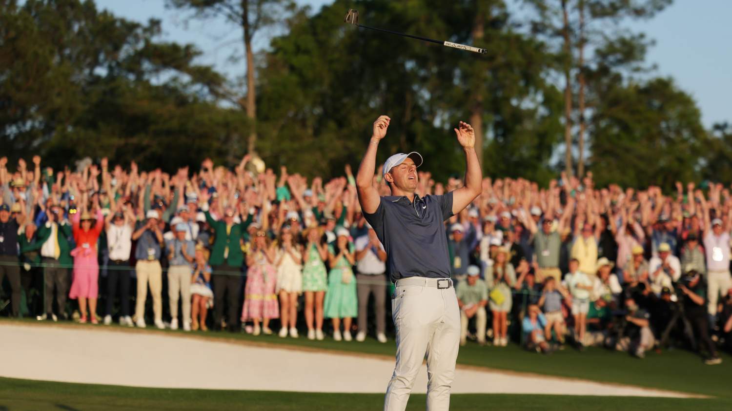 Rory McIlroy celebrates achieving his longed-for grand slam with a play-off victory at the Masters (pic courtesy of GETTY IMAGES)