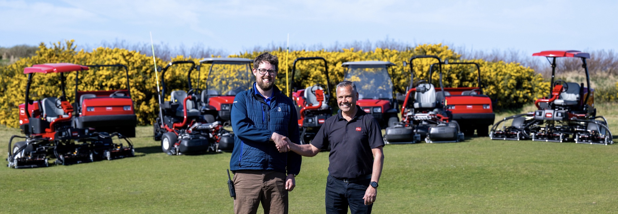 Hayling Golf Club Course Manager Graeme Roberts, left, with Reesink’s Peter Cornwall from the Reesink South East branch with some of the Toro fleet