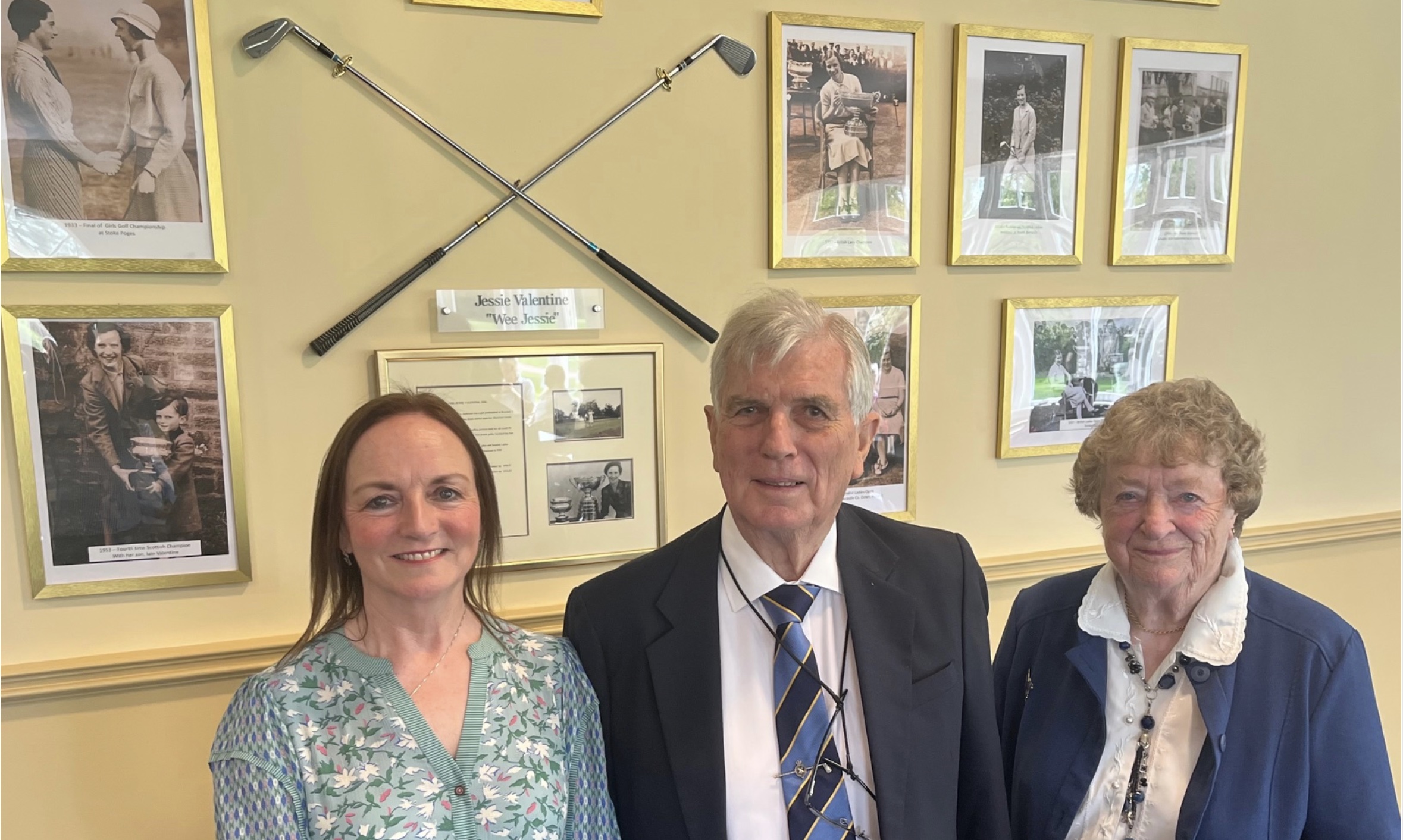 Ladies captain Margaret Marshall, Iain Valentine and Dr Eve Soulsby unveil the 'Jessie Valentine Wall' at The Blairgowrie Golf Club