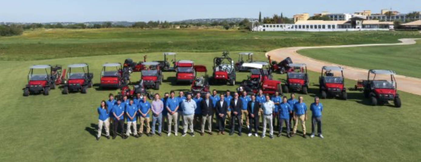 Greenkeeping staff and management team showcasing new Toro maintenance equipment in preparation for the new Els Club Vilamoura summer opening