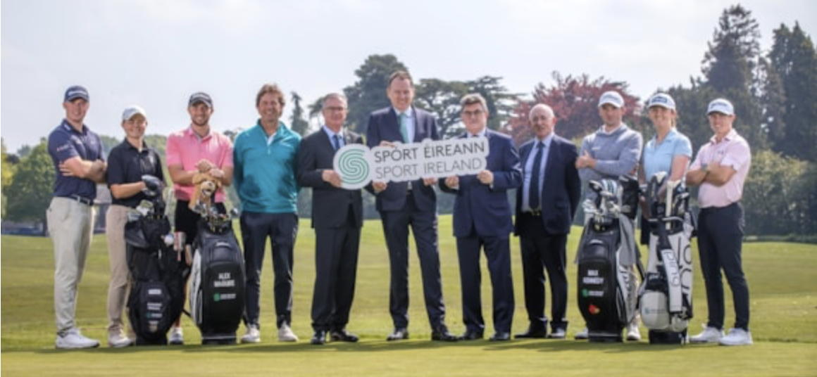 Mark Power, Annabel Wilson, Alex Maguire, Golf Ireland High Performance Director Neil Manchip, Golf Ireland CEO Mark Kennelly, Minister of State for Sport and Postal Policy Charlie McConalogue, Chair of Sport Ireland John Foley, Golf Ireland Chair Paul Haran, Max Kennedy, Lauren Walsh and Conor Purce