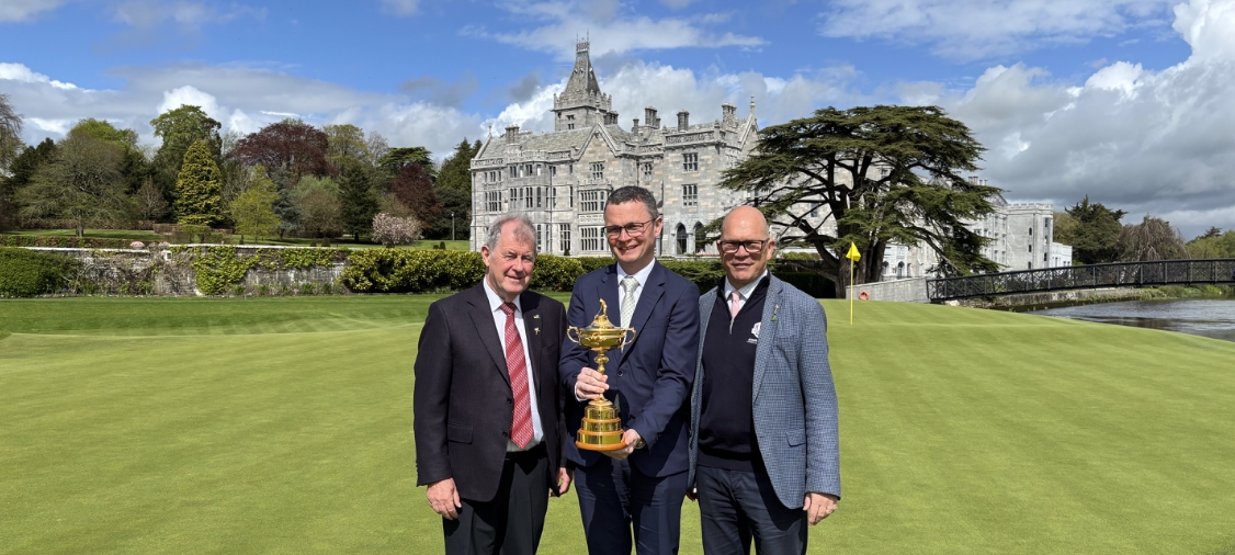 JP McManus, owner of Adare Manor; Patrick O’Donovan., Ireland’s Minister for Arts, Media, Communications, Culture and Sport; and Guy Kinnings, Chief Executive of the European Tour Group 