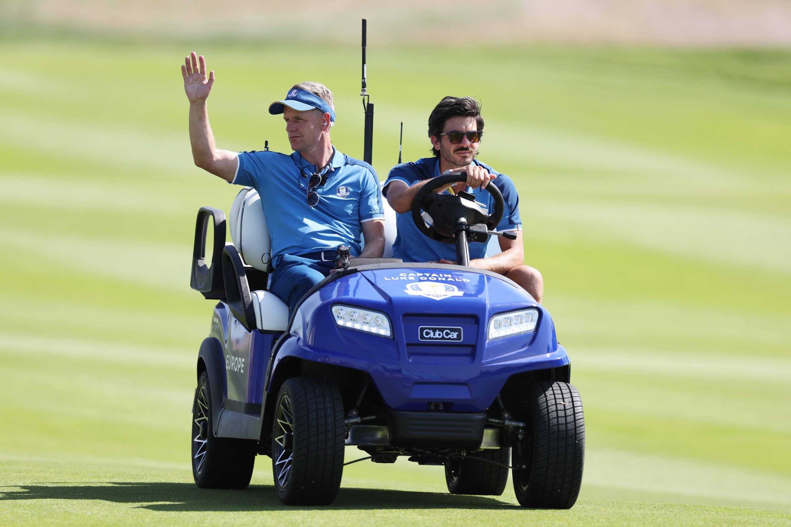 ROME, ITALY - SEPTEMBER 27: Luke Donald, Captain of Team Europe acknowledges the fans during a practice round prior to the 2023 Ryder Cup at Marco Simone Golf Club on September 27, 2023 in Rome, Italy. (Photo by Richard Heathcote/Getty Images)