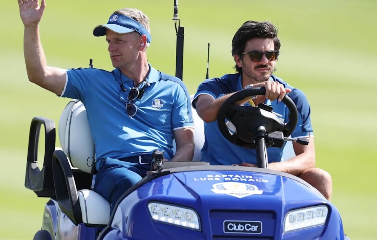 European Ryder Cup Captain Luke Donald in his Club Car buggy during the 2023 victory in Rome.