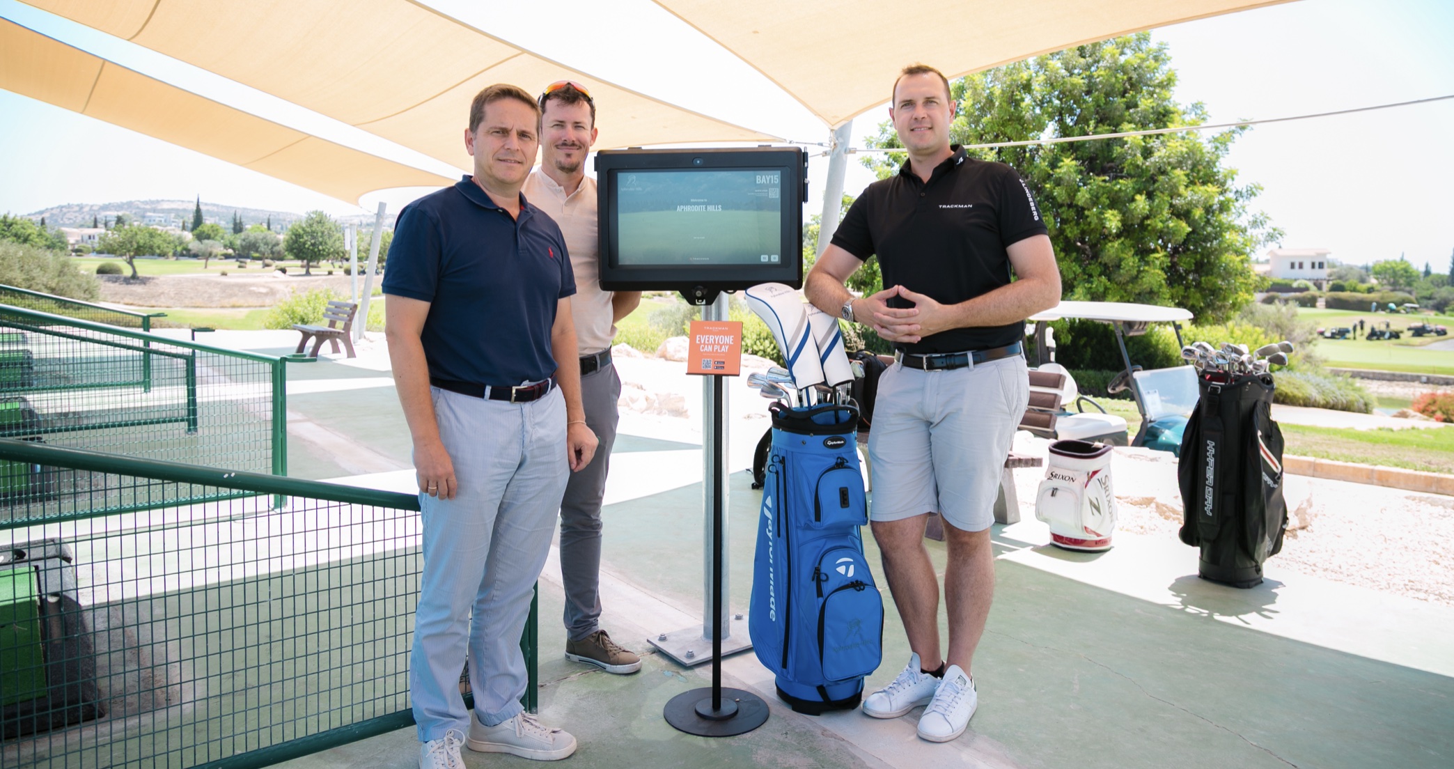 L-R: Miguel Girbes, Director of Golf & Sports at Aphrodite Hills Resort, Michael Pospisil. Regional Sales at Trackman, and Thomas Eric Bosco, Regional Sales Director at Trackman