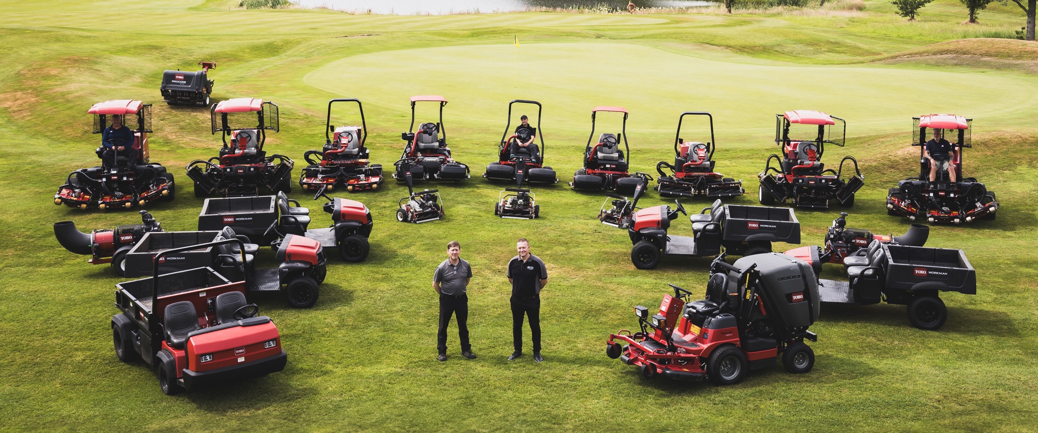 The new fleet of Toro machinery at the Kingfisher Country Estate in Northern Ireland, with Kingfisher Country Estate’s Head Greenkeeper Michael Loughran, left, with Keys Brothers’ Jonny Moore