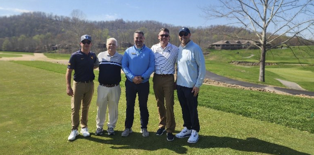 (l-r) Sean Covich, West Virginia University men's golf coach; Randy Buzzo, owner of PDGC; Tony Kowalksi, GM of PDGC; Jim; and Wren Baker, director of athletics for West Virginia University