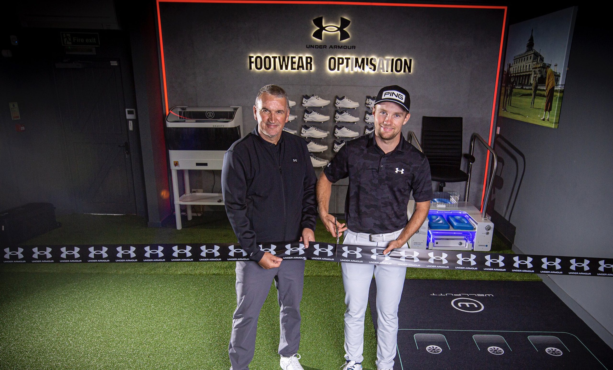 Kevin Ross, Managing Director at Under Armour EMEA with DP World Tour player Rasmus Neergaard-Petersen at the official opening of the Under Armour Golf Footwear Performance Centre at Stoke Park