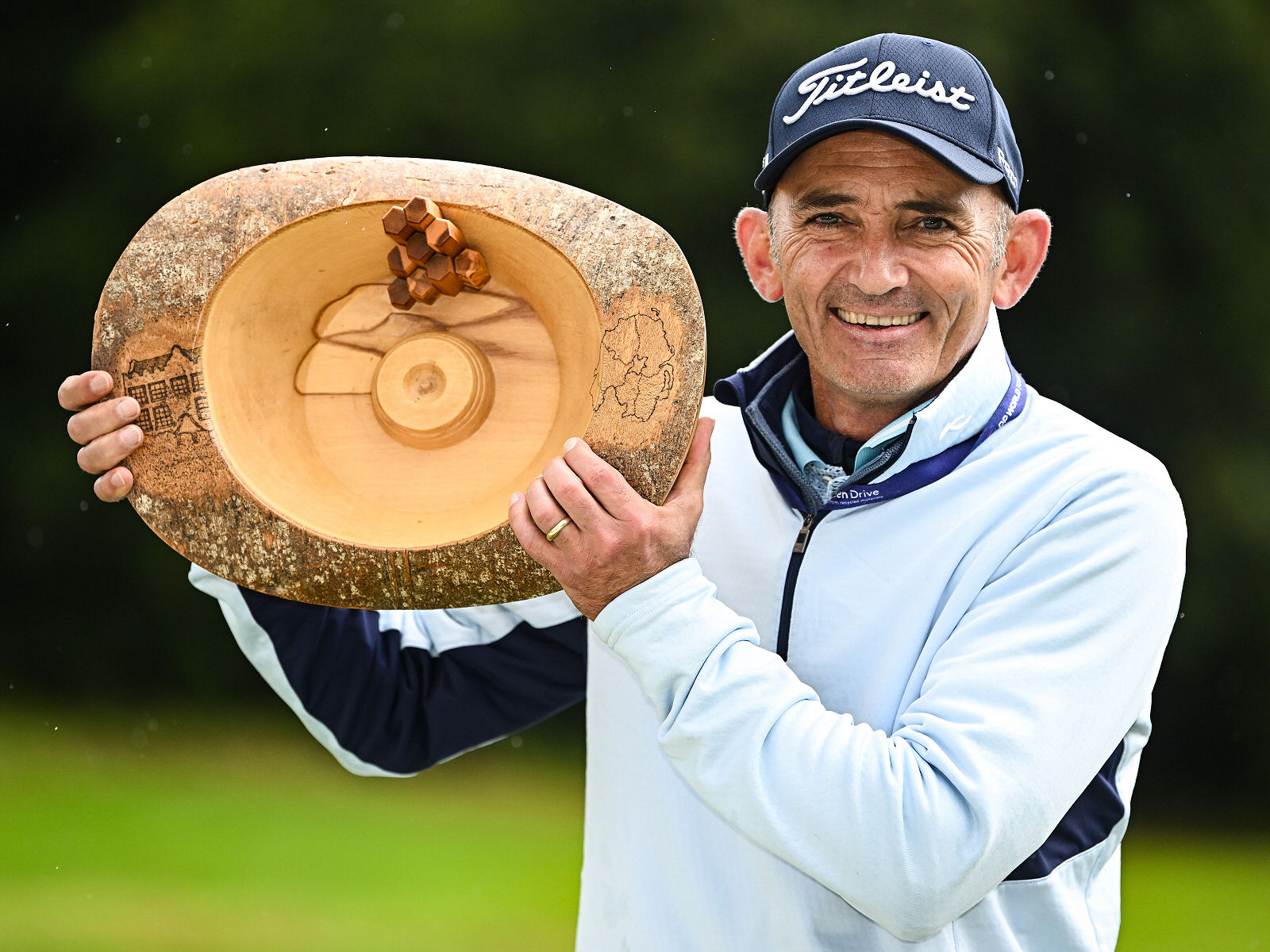 BALLYMENA, NORTHERN IRELAND - AUGUST 31: Markus Brier of Austria celebrates with the trophy after victory on day three of the Black Desert NI Legends 2025 at Galgorm Castle Golf Club on August 31, 2025 in Ballymena, Northern Ireland. (Photo by Seb Daly/Getty Images)