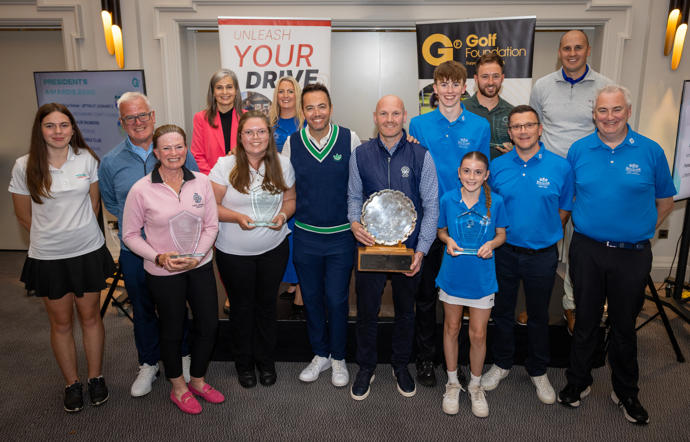 Golf Foundation President Nick Dougherty with the winners of the Presidents Awards