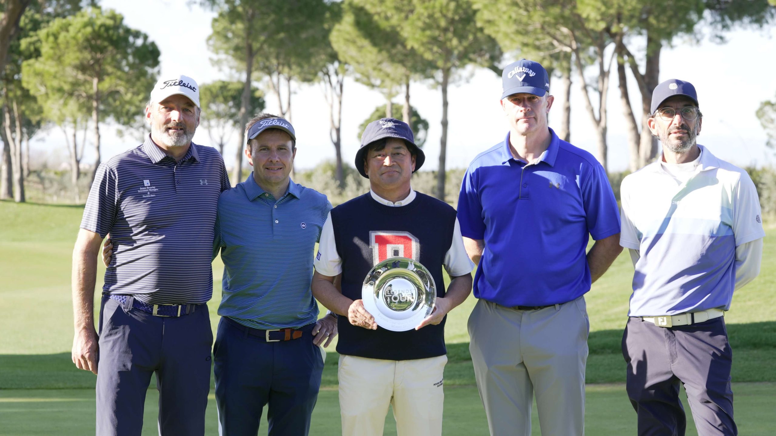 Legends Tour 2025 Q-School graduates (l-r) David Shacklady, Matt Cort, Shinichi Yokota, Craig Farrelly and Lionel Alexandre