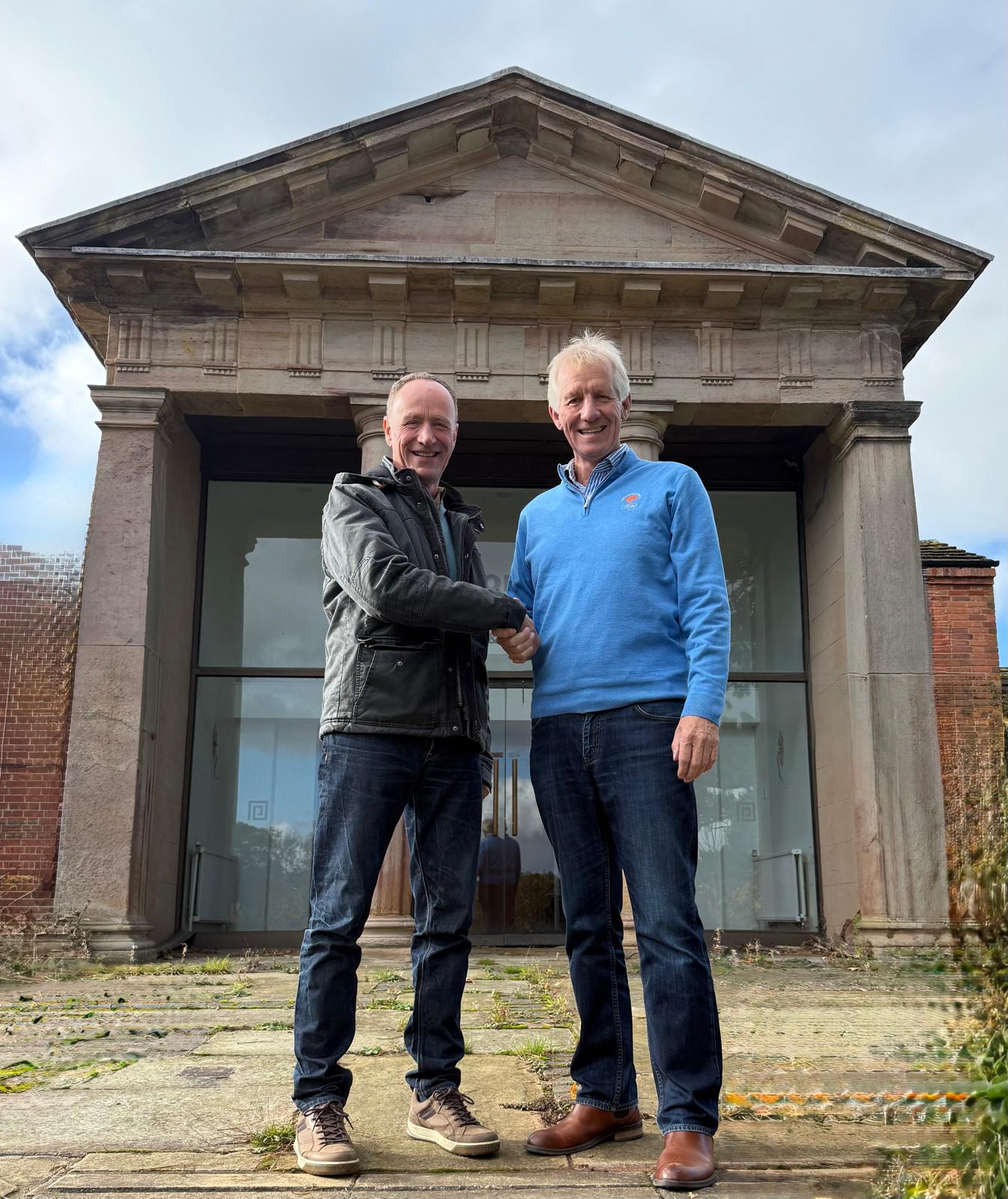 David Austin (left) and Ian Bonser in front of the Grade II Doric Temple at Patshull Park