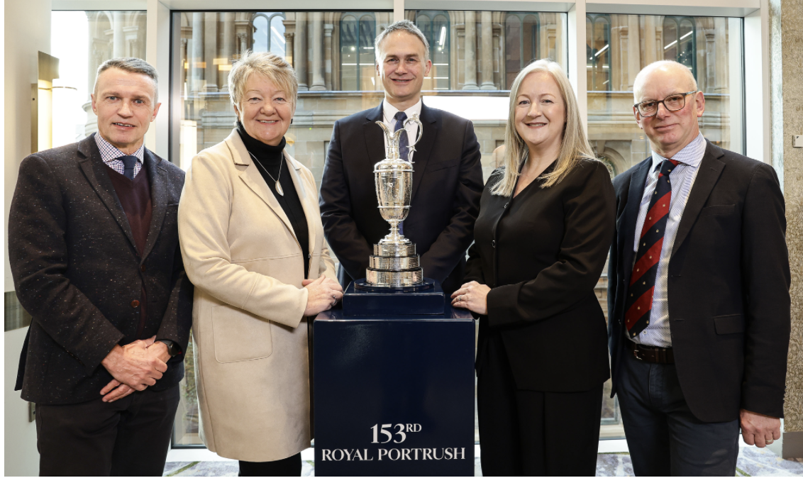 (l-r) David Jackson, CEO of Causeway Coast and Glens District Council; Ellvena Graham, Chair of Tourism NI; Johnnie Cole-Hamilton, Chief Championships Officier at The R&A; David McMullan, deputy chair of the championships committee at Royal Portrush Golf Club; and Aine Kearney, Director of Events at Tourism NI