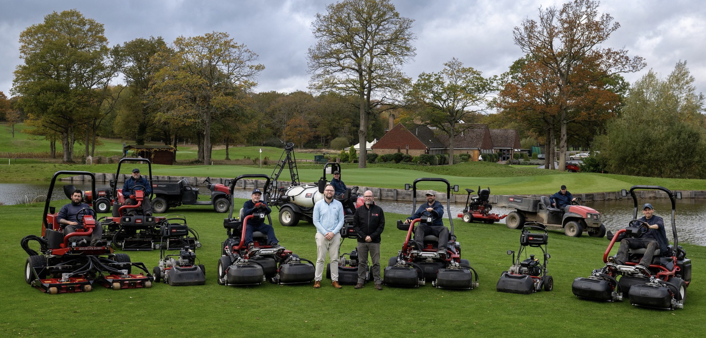 Tom Parrish, General Manager at The Drift, left, and Paul Bell from Reesink Turfcare with the club’s latest Toro fleet update and the greenkeeping team
