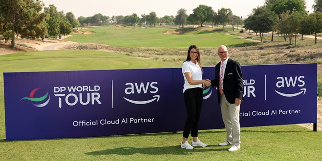 Nina Walsh, Global Leader, Industry Business Development for Media, Entertainment, Games, and Sports at AWS and Guy Kinnings, CEO of the DP World Tour (image credit Getty Images0