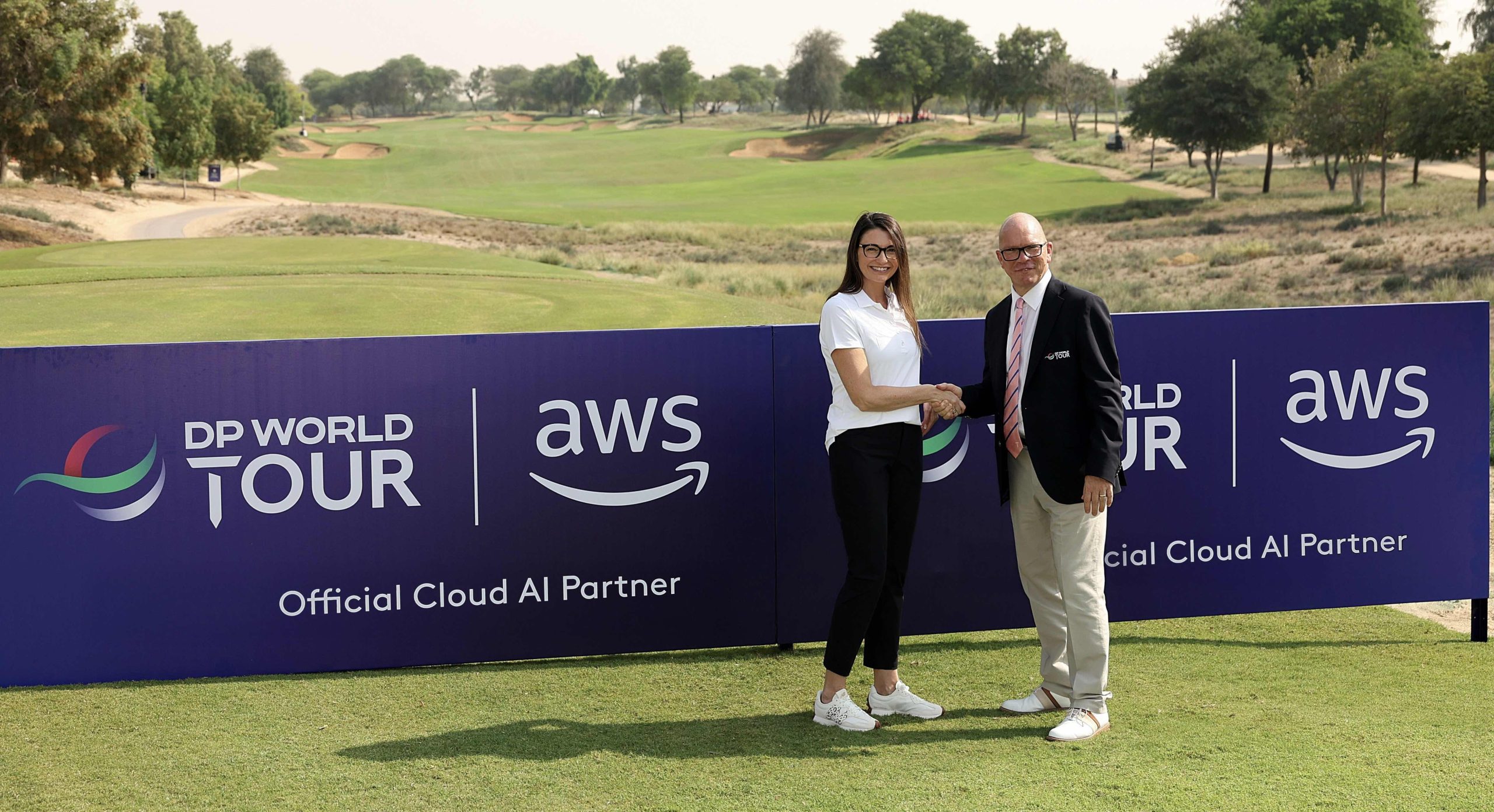 Nina Walsh, Global Leader, Industry Business Development for Media, Entertainment, Games, and Sports at AWS and Guy Kinnings, CEO of the DP World Tour (pic courtesy of Getty Images)