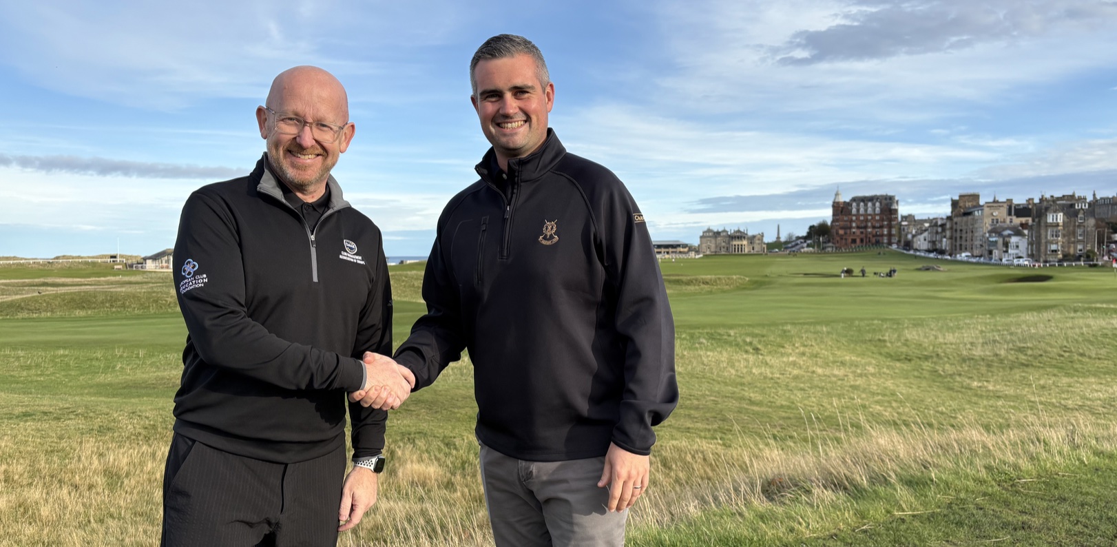 Andrew Bourke, Club Car Regional Sales Manager for the UK, Ireland and Scandinavia (left), with Craig Cotterill, CMAE’s Commercial Director, in St Andrews