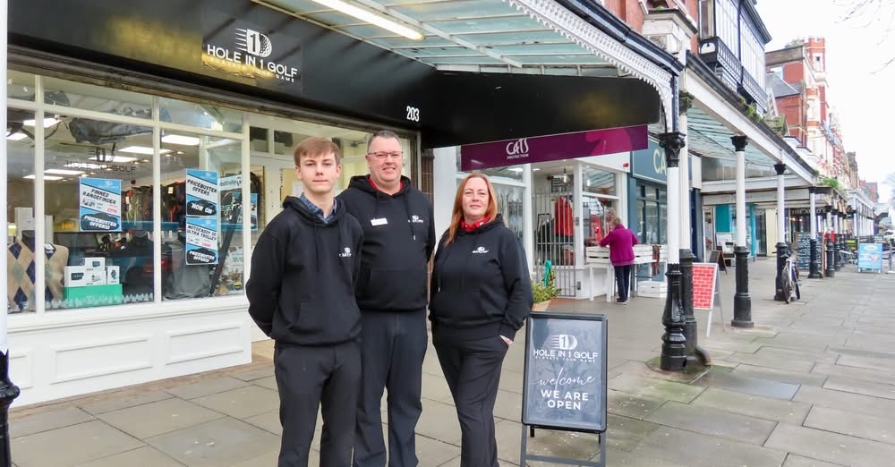 Hole In 1 Golf's owners Glyn and Lisa Richards and son, Max outside their Southport shop. (Photo by Andrew Brown, Stand Up For Southport