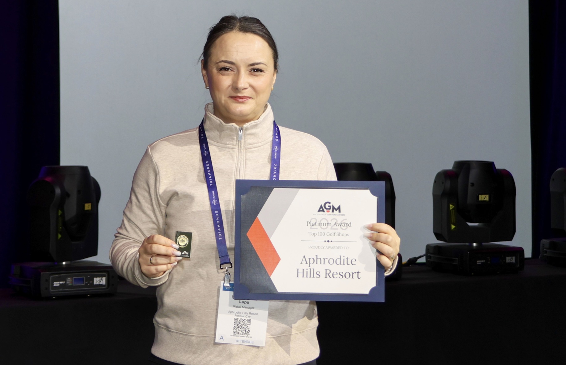Aphrodite Hills' folf retail manager Izabela Elena Lupu accepted the award at the PGA Show in Orlando