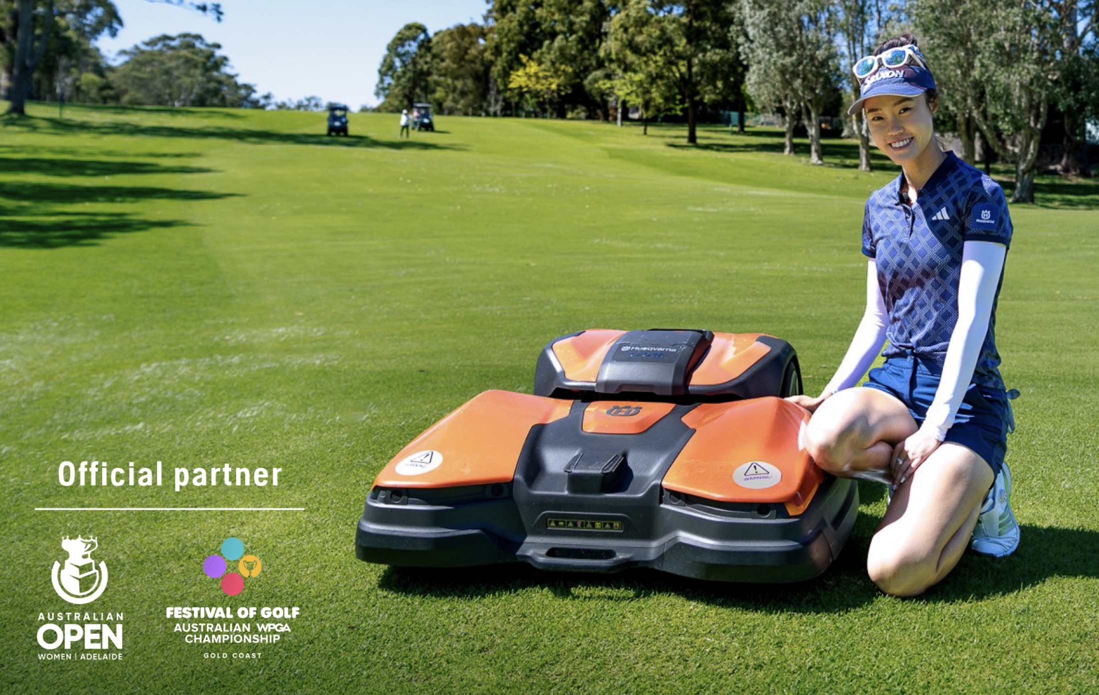 Grace Kim alongside one of Husqvarna's robotic mowers, which will be used to help prepare the courses for several elite women's professional events in Australia this year 