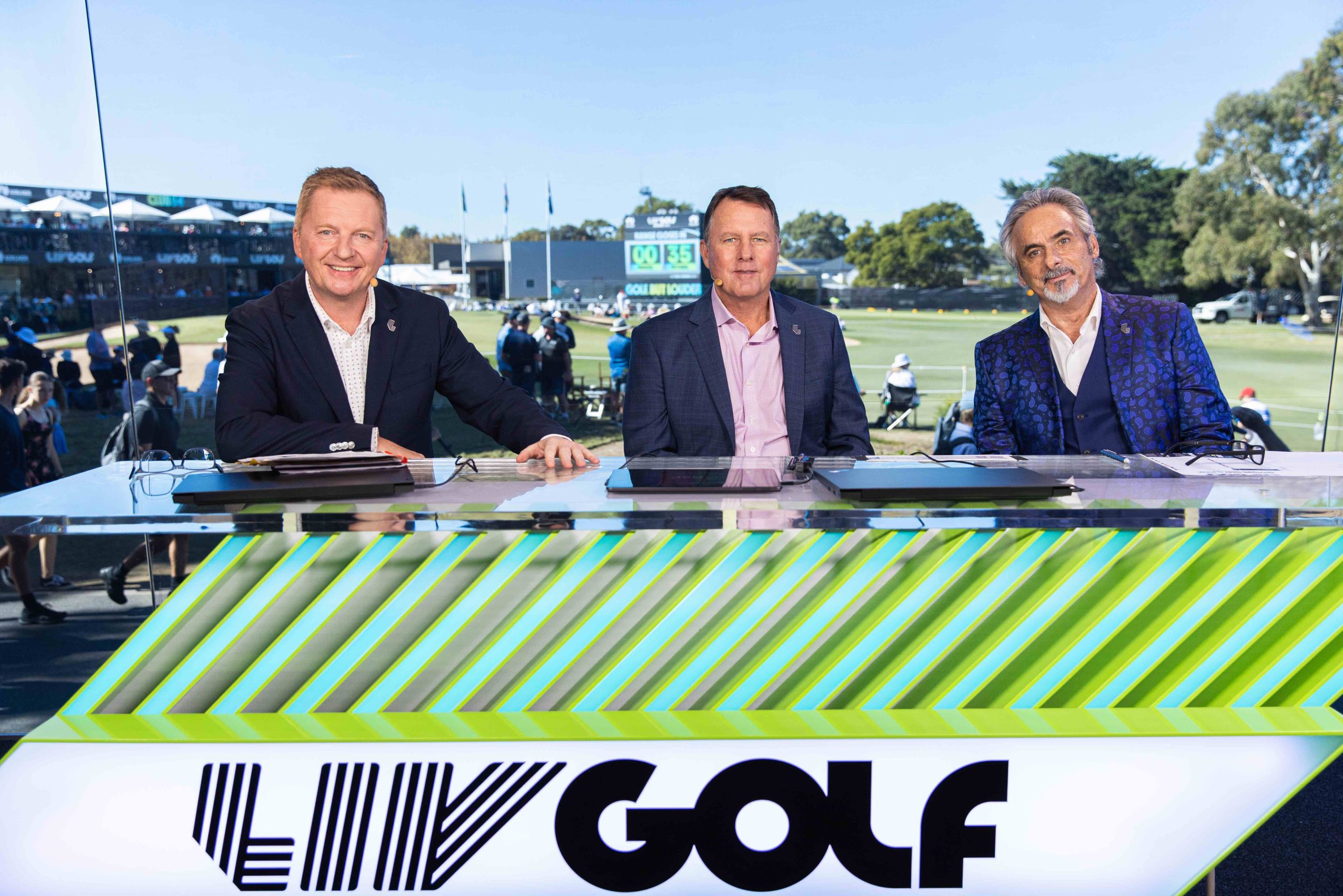 LIV Golf Broadcast members,(L-R) Arlo White, Jerry Foltz and David Feherty during the final round of LIV Golf Adelaide at the Grange Golf Club on Sunday, Apr. 23, 2023 in Adelaide, Australia. (Photo by Jon Ferrey/LIV Golf)