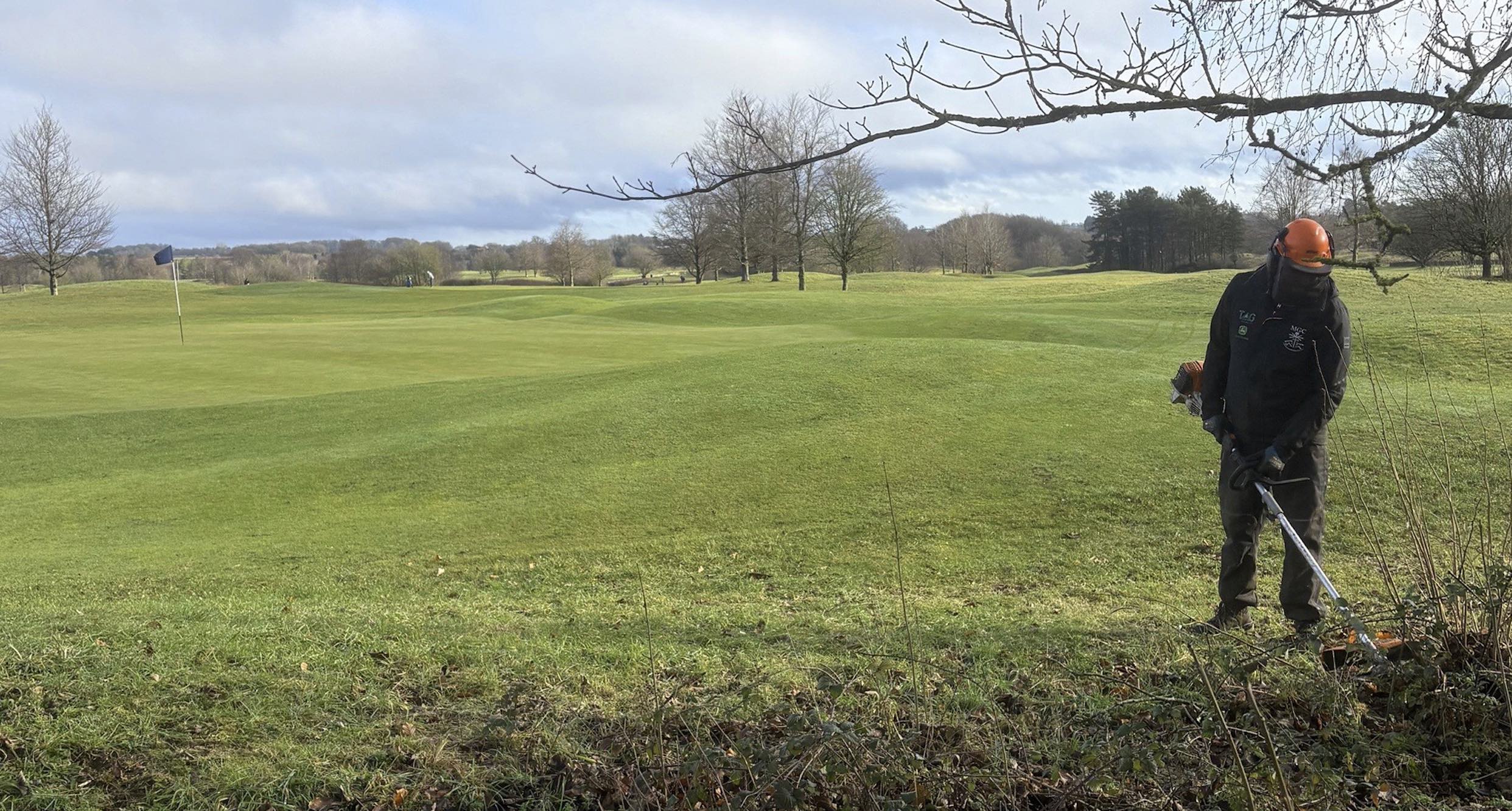 A member of Minchinhampton's course maintenance team in action with a Stihl strimmer powered by Aspen Fuel's alkylate petrol