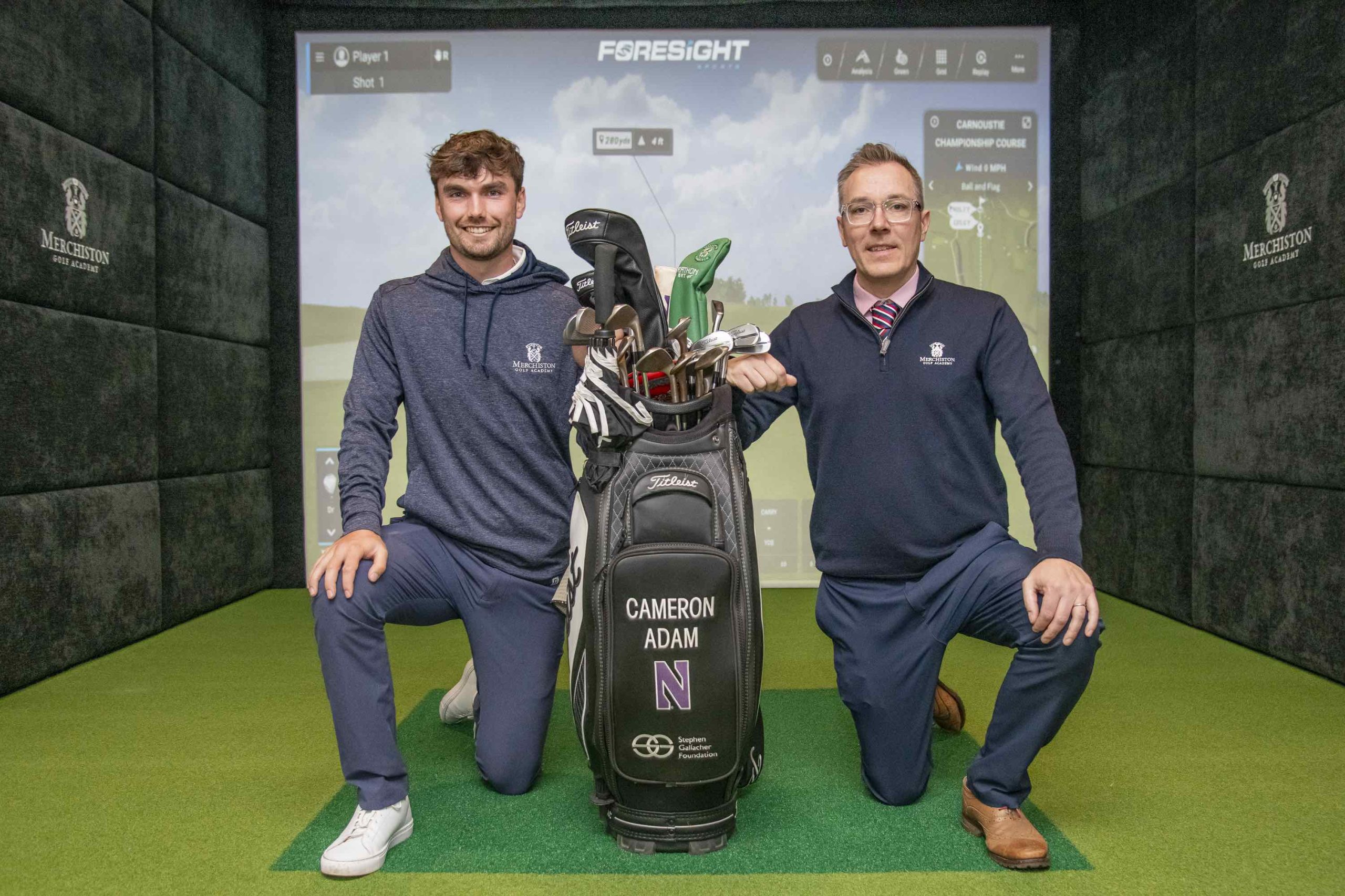 Cameron Adam returned to Merchiston Castle School to officially open the new Indoor Golf Centre. He is pictured with Fraser Hutchison, Director of Golf 
