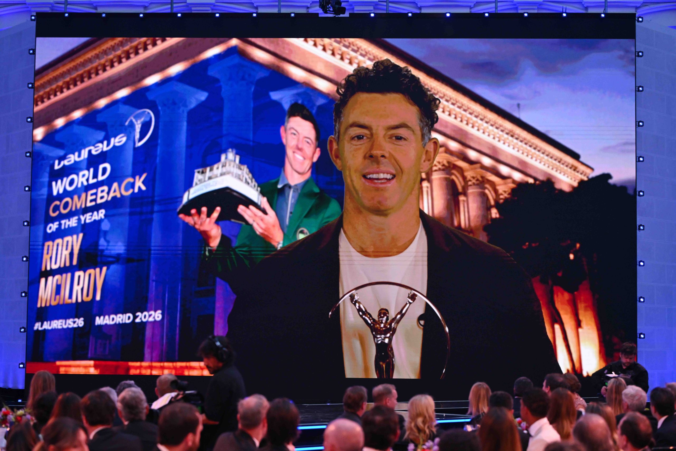 Rory McIlroy accepts the Laureus World Comeback Of The Year award via video message during the Laureus World Sports Awards (pic B.Hojas/Getty Images for Laureus)