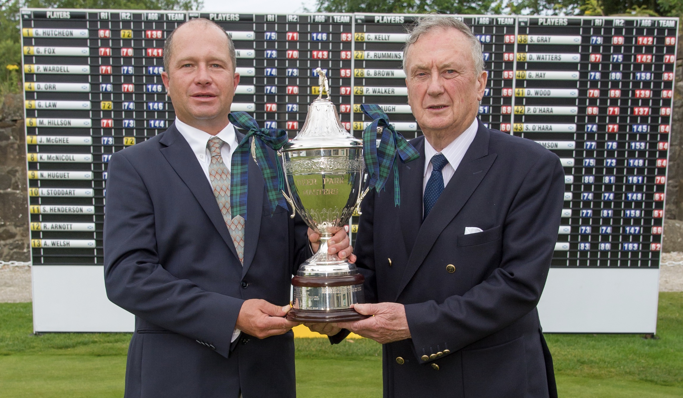 John Muir, Chairman and Founder of Muir Group with Greig Hutcheon (left), a four-time winner of the Deer Park Masters