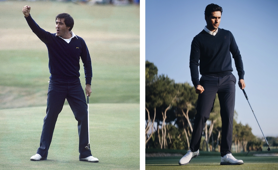 Seve Collection 2026 honours the iconic ‘Seve look’ with the Pedreña Tailored Trousers, the Knitted Sweater in navy and the Gator Polo in Emerson White. (Photo credits: left Matthew Harris, right: Ollie Alison
