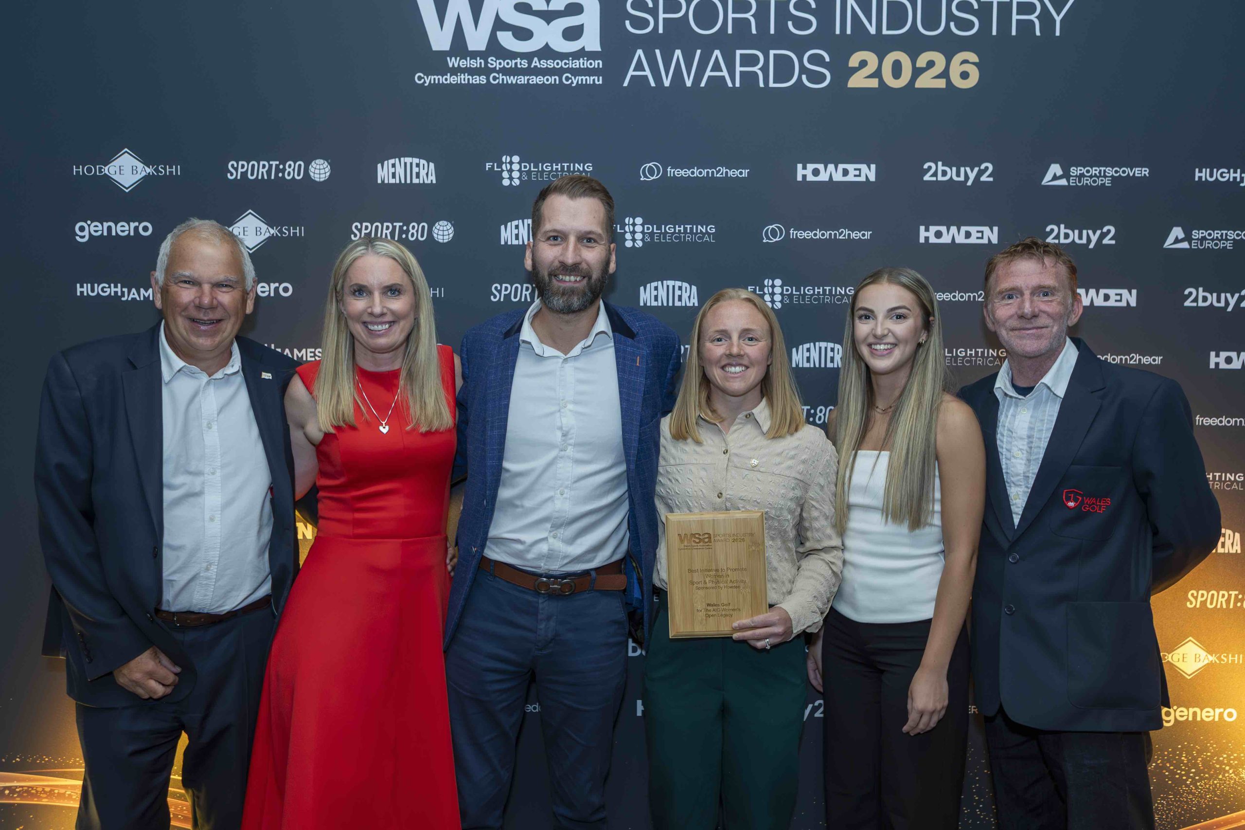  Wales Golf Chair Rob Holt, Chief Executive Hannah McAllister,  Daniel Abbott, Corporate Director of sponsors Howden South Wales, Club Governance Manager Sophie Brisland-Hancocks,  Participation Coordinator (South East) and ED&I Project Lead Zoe Davies, Head of Facilities and Sustainability Dilwyn Griffiths (pic
by Mike Griffiths/Ashley Crowden Photography)