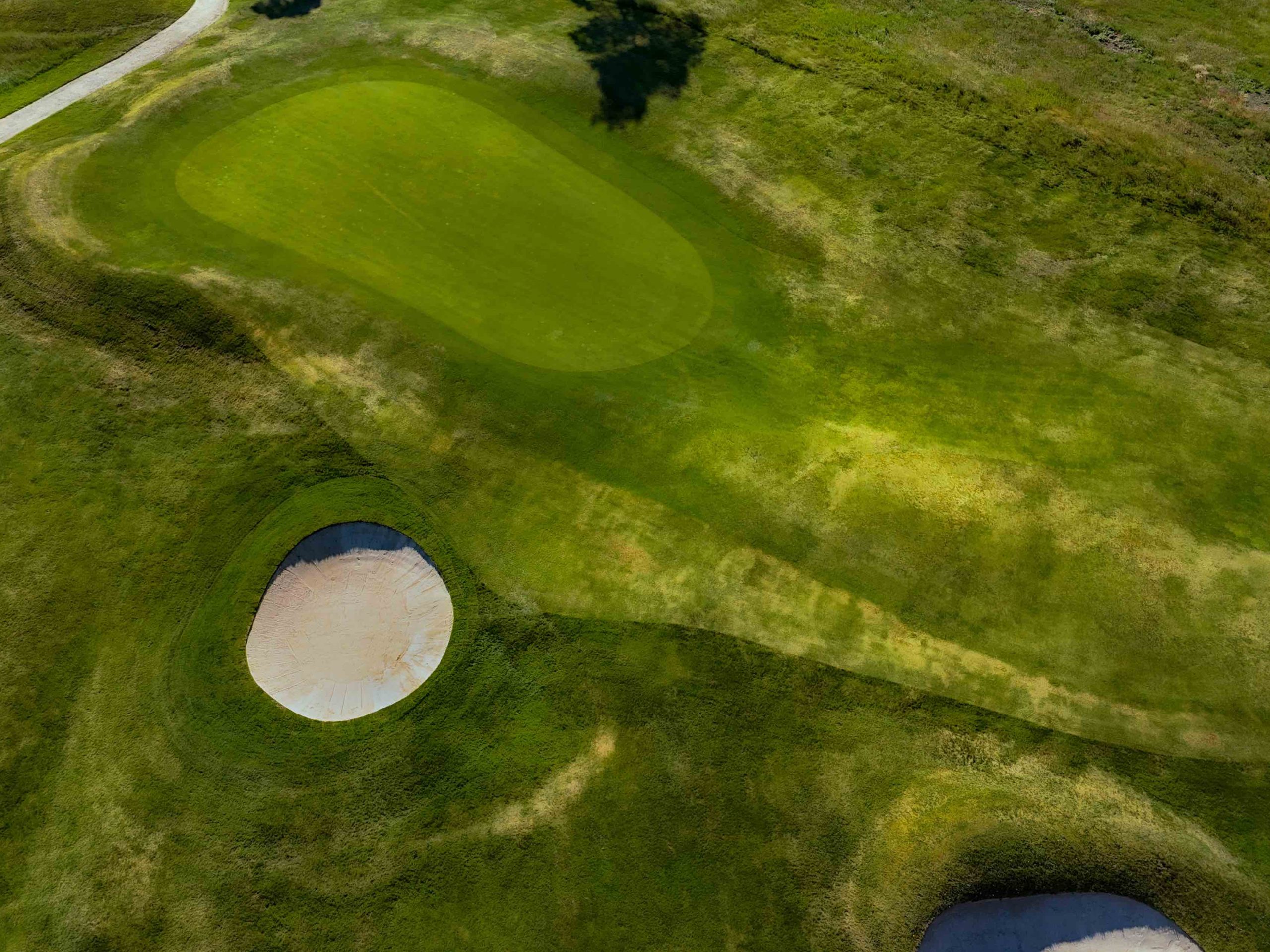 An aerial views of the approach to the 15th hole at Forfar with the reinstated bunker