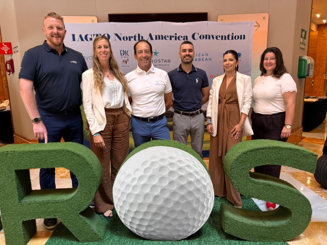 L-R: Ian Knox of European Tour Destinations, Gemma Fuster Anglada from Camiral, Luis Felipe from Quinta do Lago, Manuel Bravo of Palmares Ocean Living & Golf, Ana Berbel Rendon of La Hacienda Links Golf Resort and Katerina Kouvela from Costa Navarino, at the 2026 IAGTO North American Convention