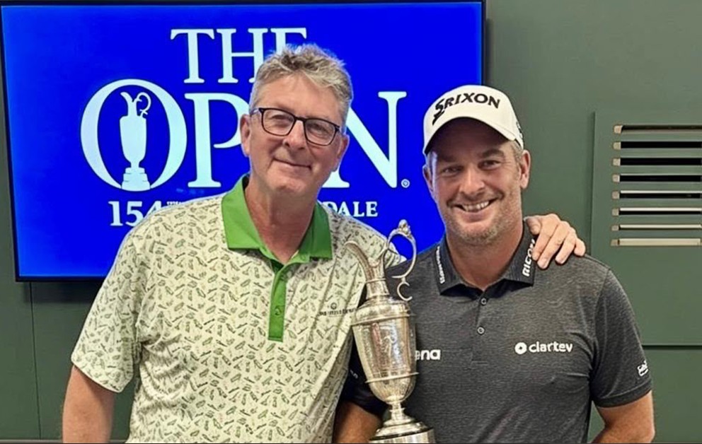 Karl Morris with Ryan Fox and The Open Championship Trophy